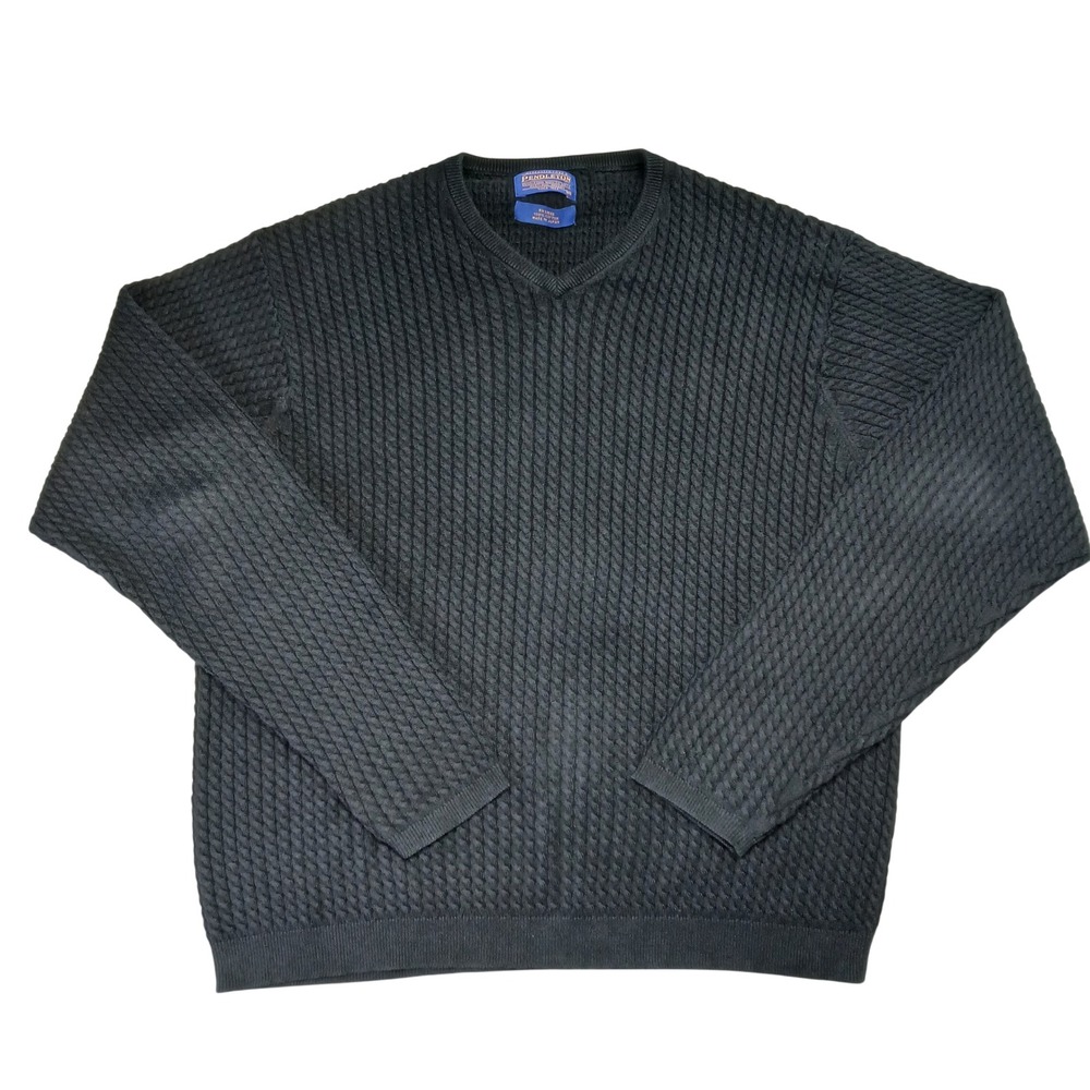 Pendleton Mens Black 100% Cotton V-Neck Textured Basketweave Knit Sweater Medium